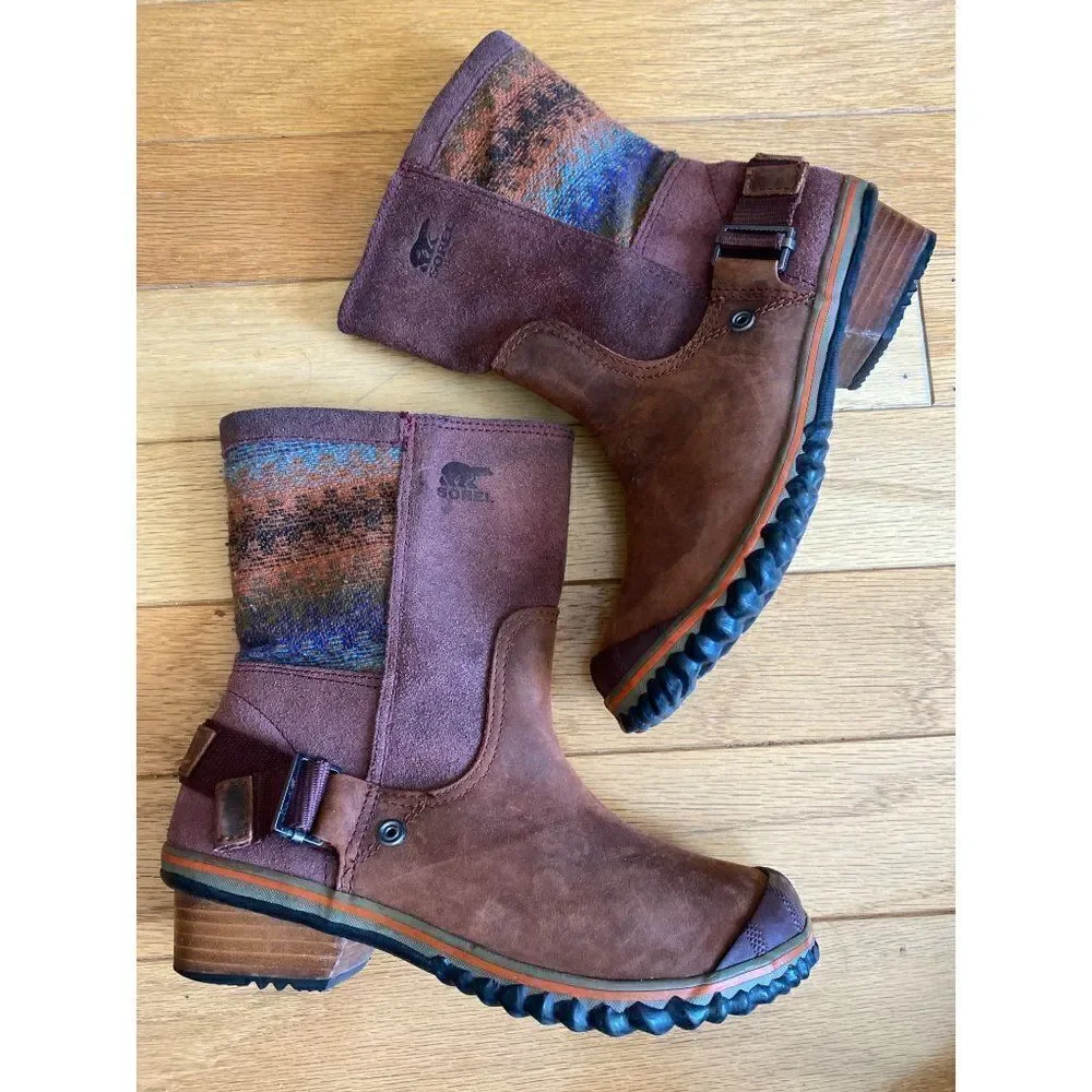 Sorel slim shortie women’a brown suede Aztec winter boot size 6.5